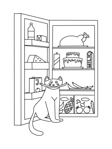 有食物和饮料冰箱背景的黑白猫科动物等高线的矢量图解 彩色书籍手绘模板 — 图库矢量图片