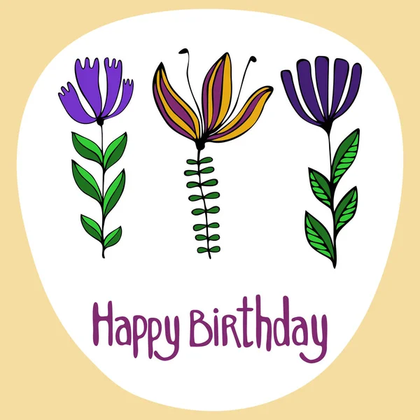 Cute Birthday Card with flowers. Colorful vector Illustration. — Stock Vector