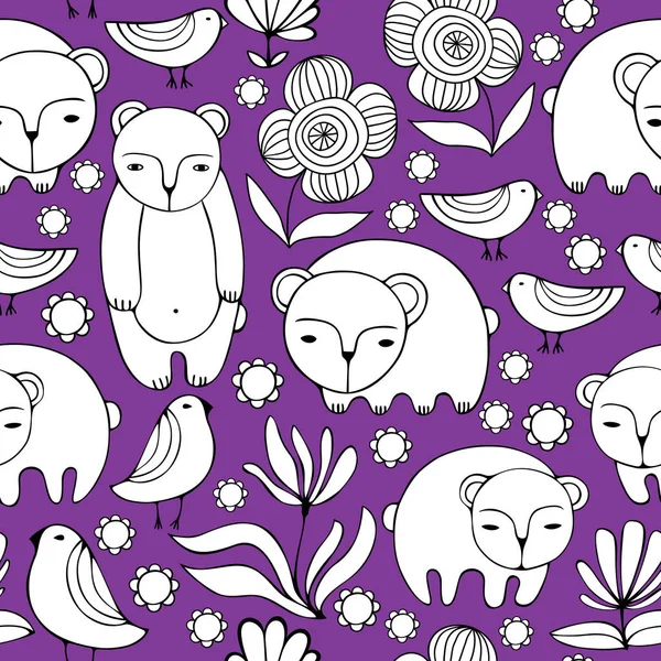 Cartoon vita bär, fåglar och blommor. Färgglada sömlösa mönster. — Stock vektor