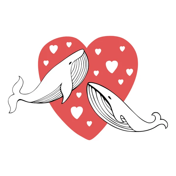 Cartoon hand getrokken walvissen set. Monochroom vectorillustratie. — Stockvector