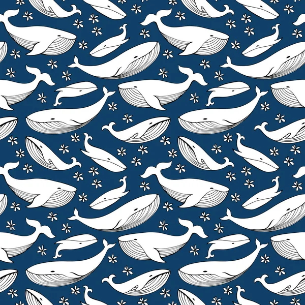 Balene disegnate a mano del fumetto. Modello senza cuciture vettoriale monocromatico . — Vettoriale Stock