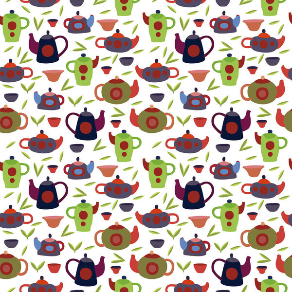 Cute tea set. Colorful Vector seamless pattern.