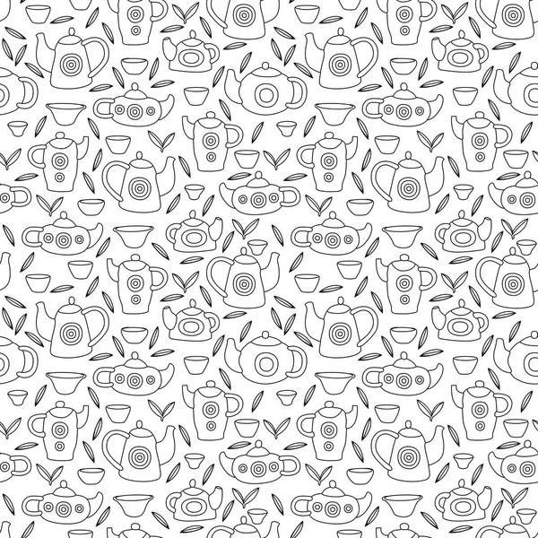Cute tea set. Monochrome Vector seamless pattern.
