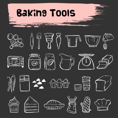 pişirme araçları doodle kroki Icon set