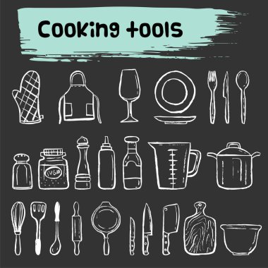 pişirme araçları doodle kroki Icon set