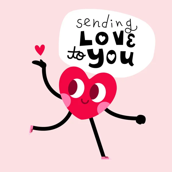 Bonito coração personagem cartão de saudação com letras — Vetor de Stock