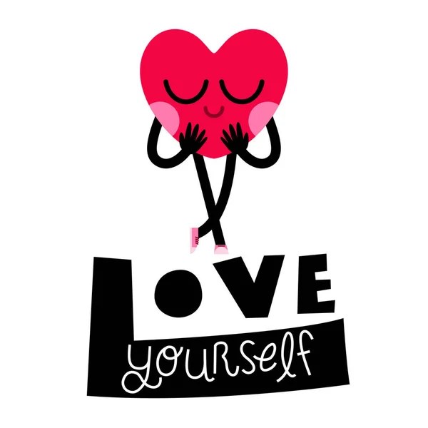 Niedliches Herz Cartoon Figur Grußkarte Glücklichen Valentinstag Liebe Dich Selbst — Stockvektor