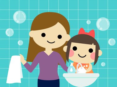 Anne ve kızı el yıkama vektör illüstrasyon