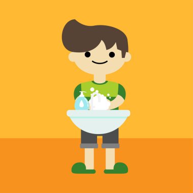 Bir çocuk el yıkama çizgi filmi, vektör illüstrasyonu