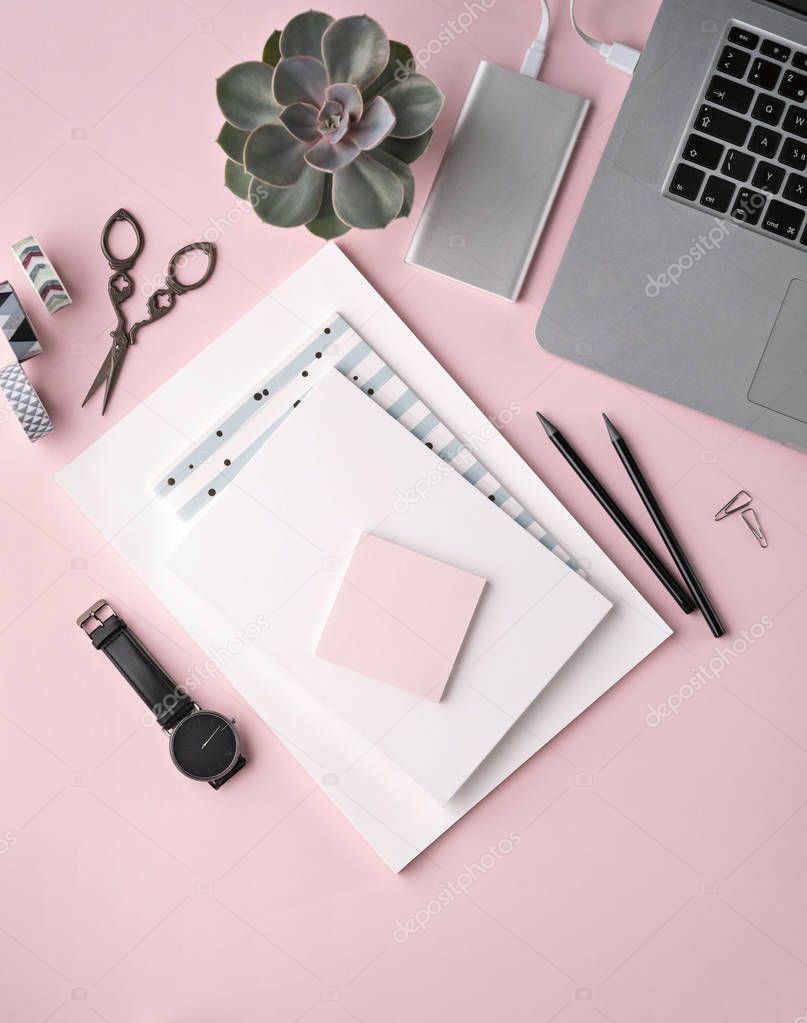 Workspace in pink tones for blogger.