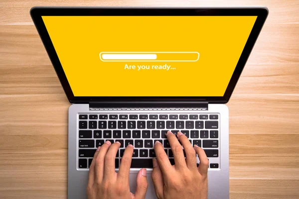 Are you ready Concept Laptop Screen With Typing Hands On Keyboar — Stock Photo, Image