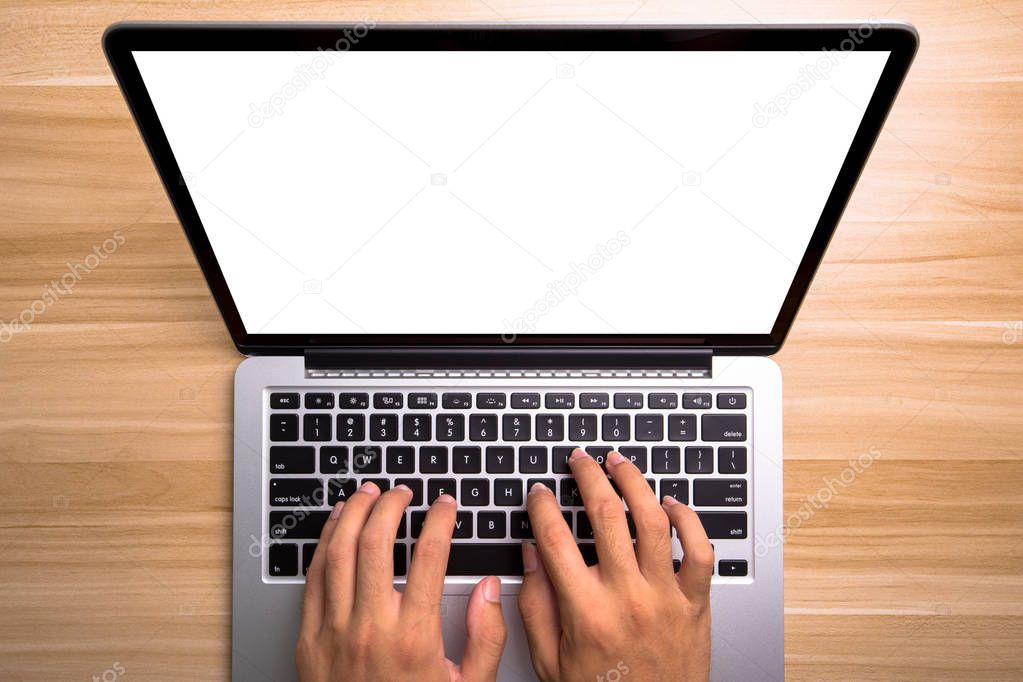 Blank Laptop Screen With Typing Hands On Keyboard