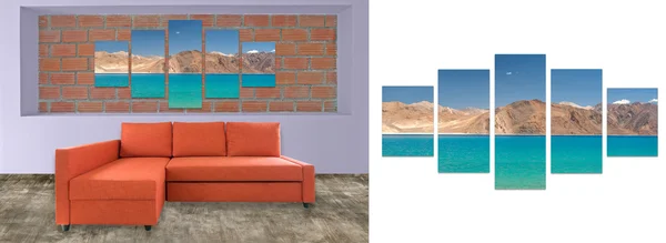 orange sofa furniture and nature photo collage on brick wall. Hi