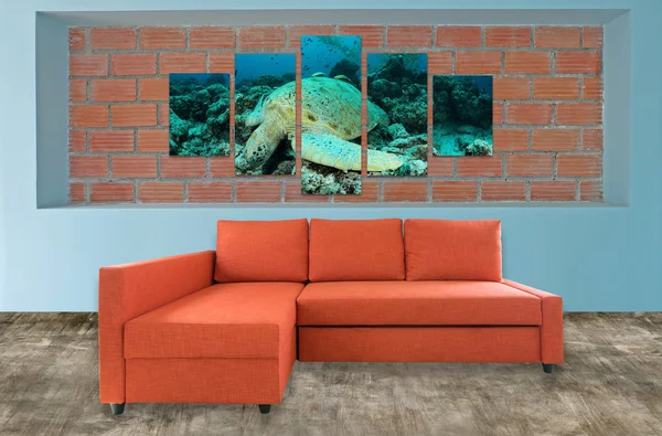 orange sofa furniture and underwater photo collage on brick wall