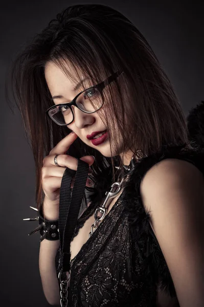 Charming Korean girl with leash closeup — Stock Photo, Image