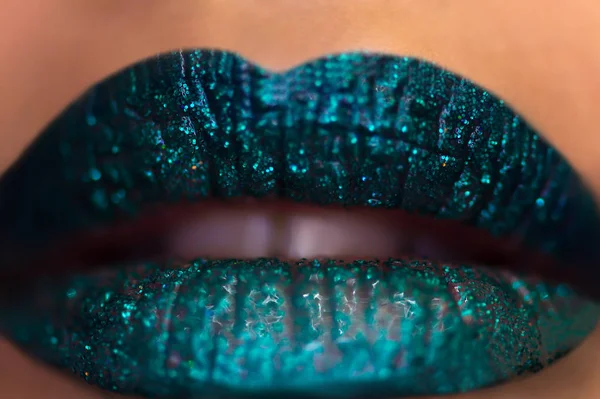 Beautiful sensual lips with turquoise makeup — Stock Photo, Image