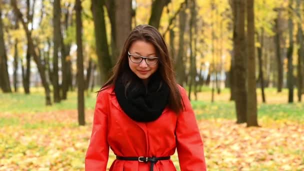 Güzel genç Koreli kız sonbahar yaprakları ile oynamak — Stok video