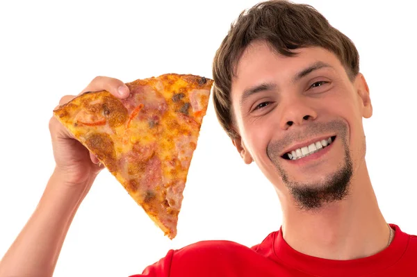 슬라이스 피자와 잘생긴 웃는 남자 — 스톡 사진