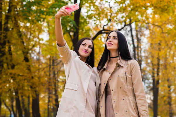 Donne affascinanti fanno selfie su sfondo autunno — Foto Stock