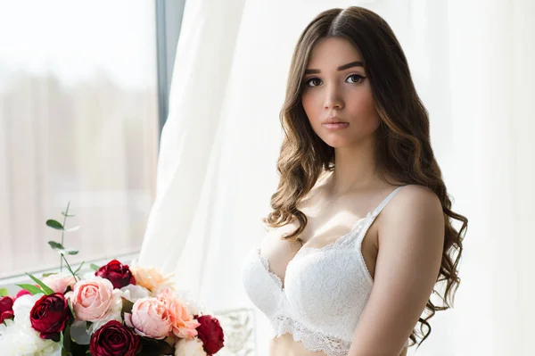 Charming brunette in beautiful white bra — Stock Photo, Image