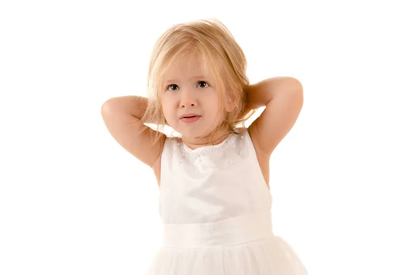 Pensive Little Girl White Dress — Stock Photo, Image