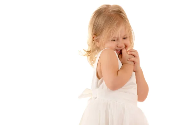 Shy Little Baby White Dress — Stock Photo, Image