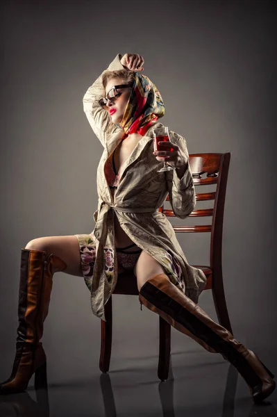 Elegant Woman Raincoat Underwear Sitting Chair — Stock Photo, Image