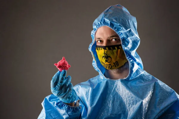 Portrait Man Chemical Protection Suit Mask Virus Hands — Stock Photo, Image