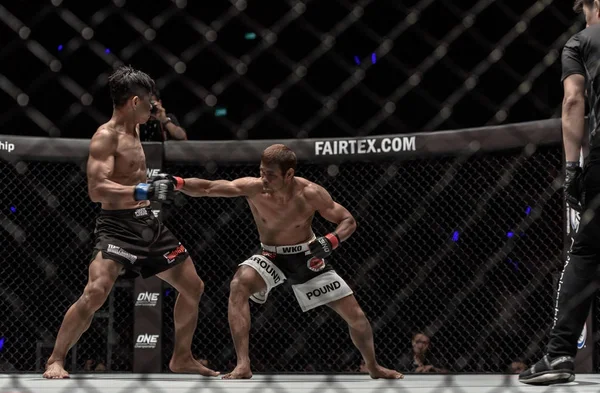Pequeno Tyson. Yodsanan Sityodtong da Tailândia e Dodi 'The Maung' Mardian da Indonésia em um campeonato 'Guerreiro do Mundo' — Fotografia de Stock