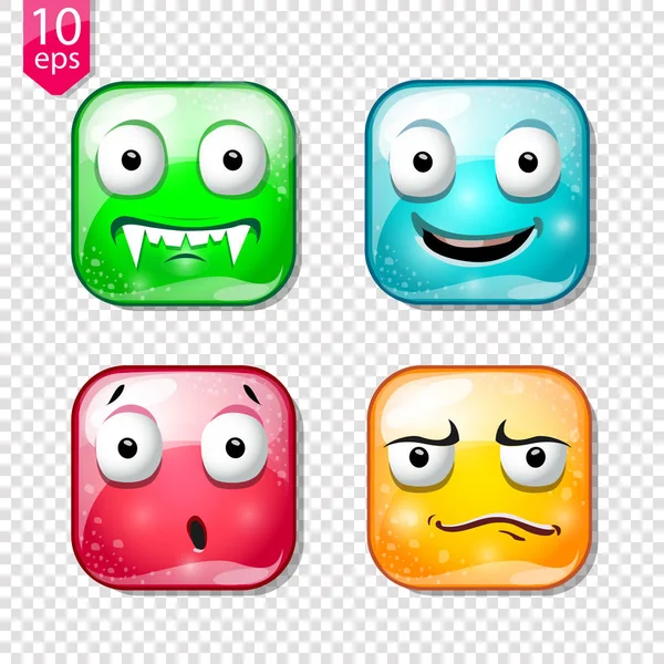 Lindos personajes de dibujos animados de gelatina con diferentes emociones y colores — Vector de stock