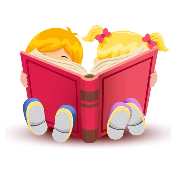 Kleiner Junge und Mädchen lesen Buch auf weißem Hintergrund. — Stockvektor