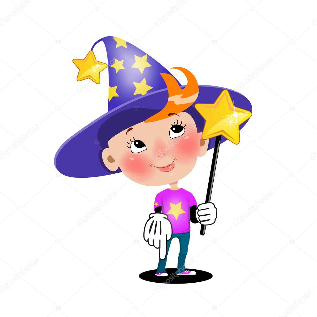 Cartoon wizard illustration. Magic boy with magic wand character, isolated on white background