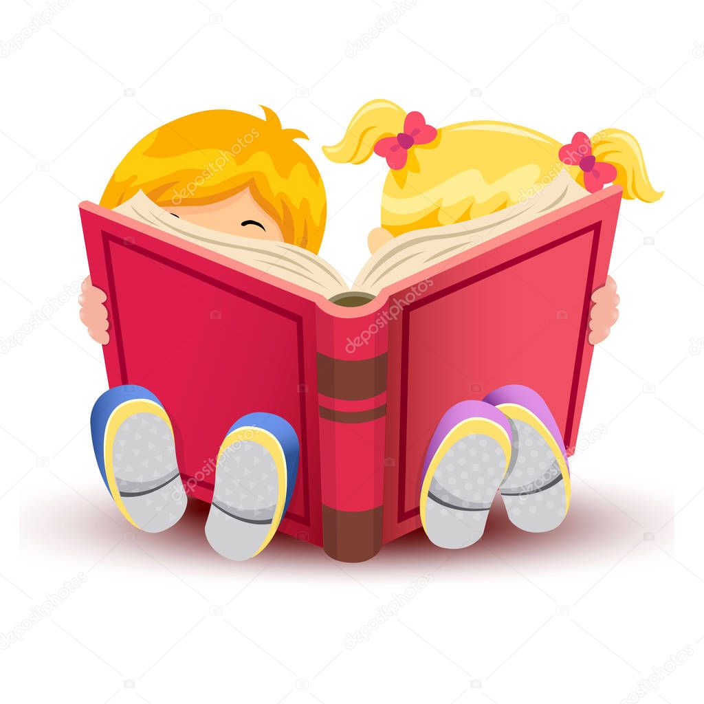 Little boy and girl reading book over white background.