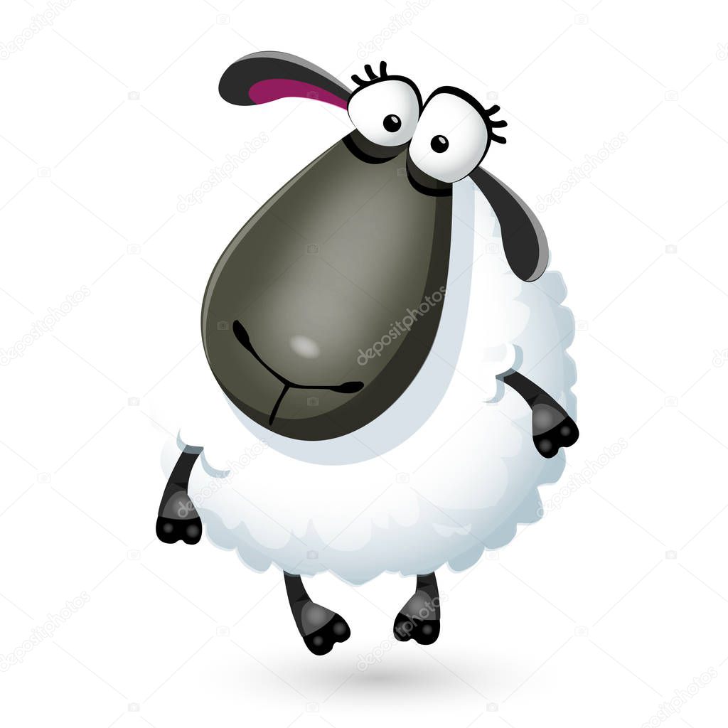 Vector illustration of funny cartoon sheep character on white ba