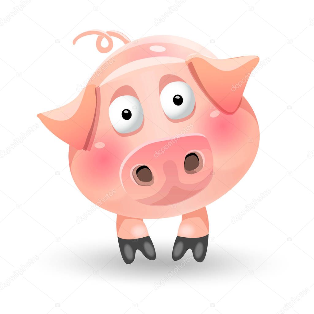 Cute funny cartoon fat pig character on white background. Vector