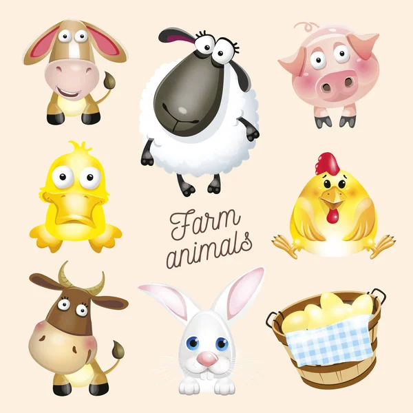 Leben auf dem Bauernhof. Zeichentrick-Spaß Bauernhof Tiere gesetzt. Vektordarstellung, isoliert auf weißem Hintergrund — Stockvektor