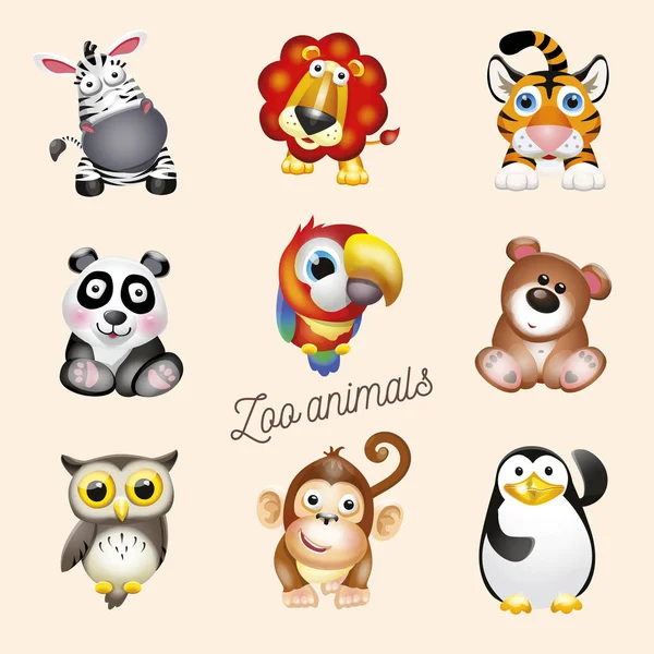 Zoo life. Cartoon fun zoo animals set. Vector illustration, isolated on white background — Stock Vector