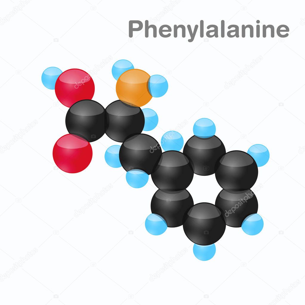 Molecule of Phenylalanine, Phe, an amino acid used in the biosynthesis of proteins