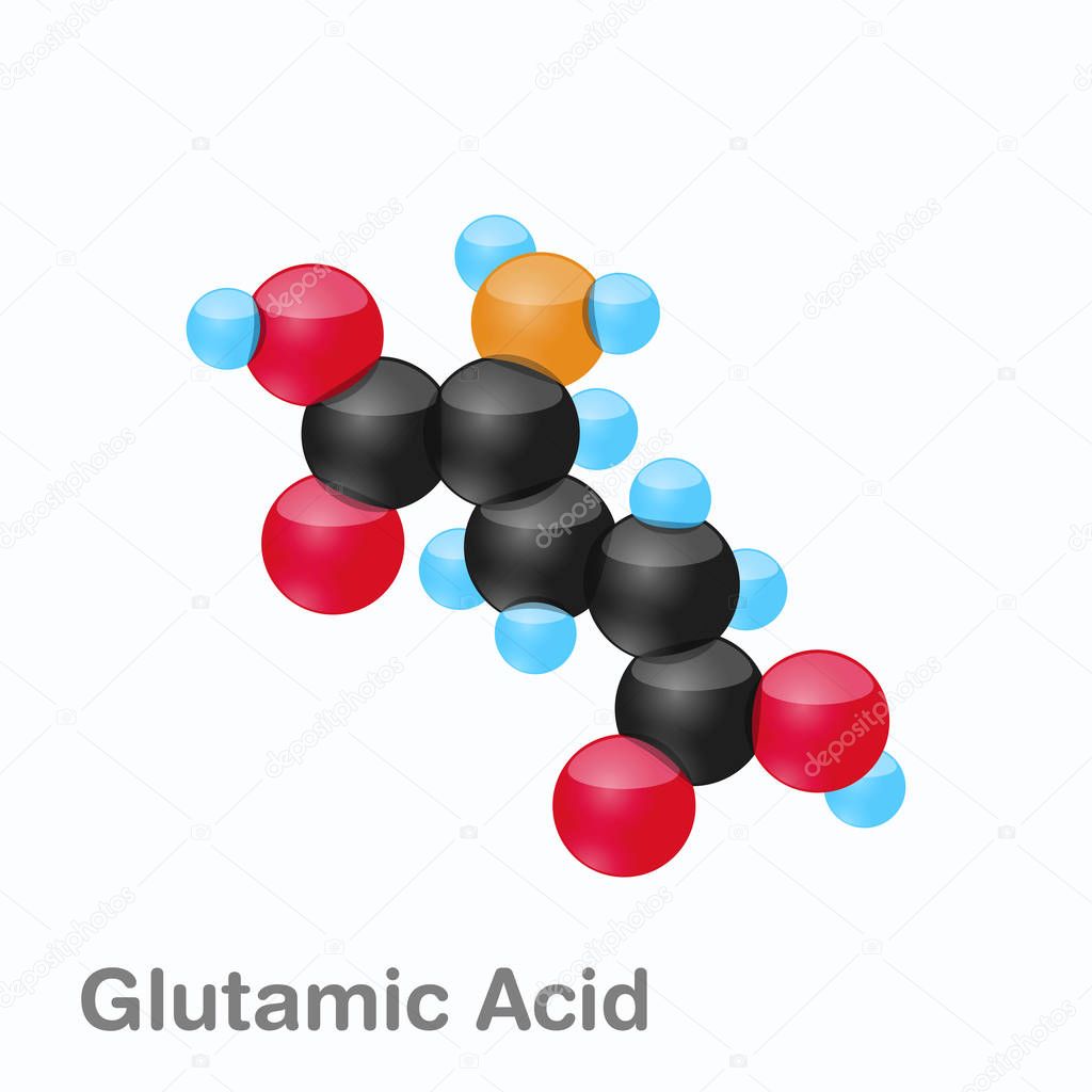 Molecule of Glutamic acid, Glu, an amino acid used in the biosynthesis of proteins