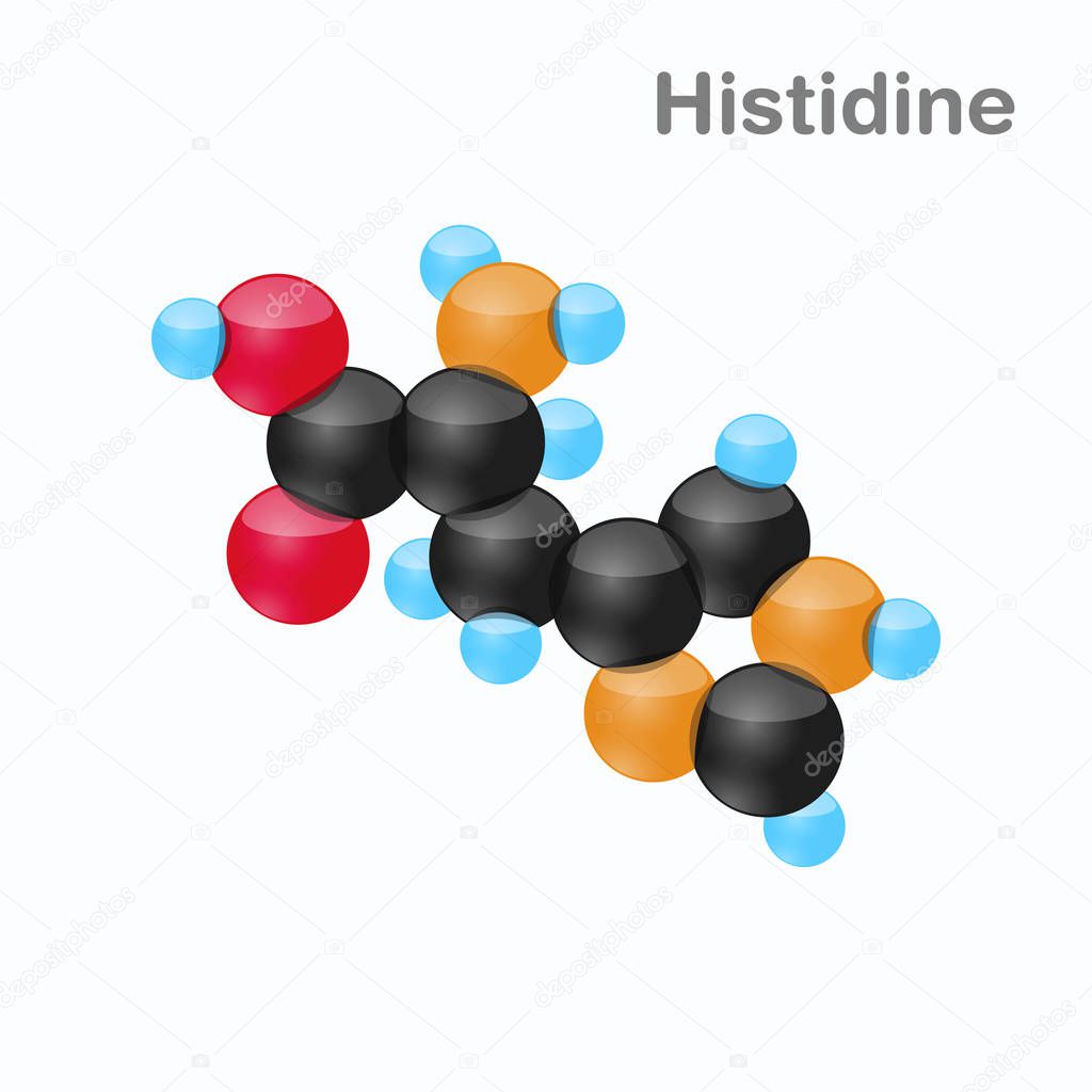 Molecule of Histidine, His, an amino acid used in the biosynthesis of proteins