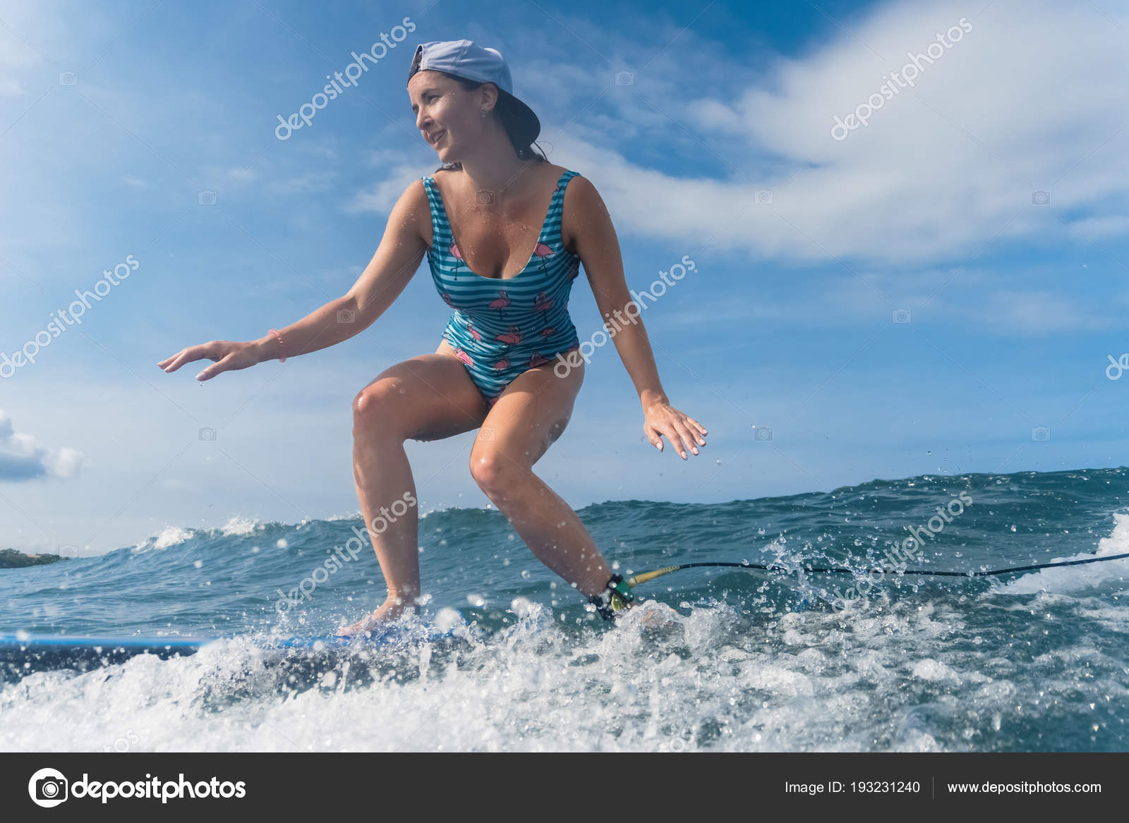 Side View Woman Cap Swimming Suit Surfing Ocean Stock Photo by