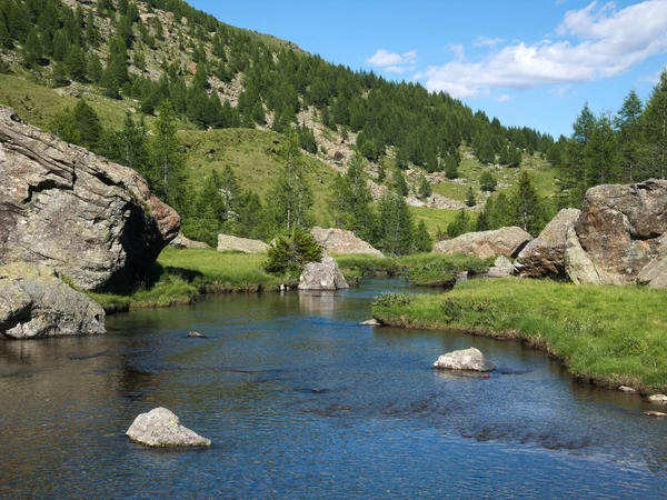 Альпийский пейзаж с небольшой рекой — стоковое фото