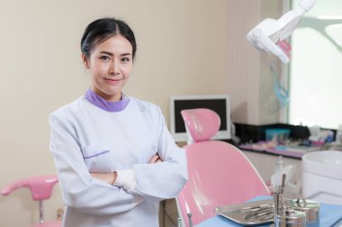 Female dentist crossing armin dental clinic clipart