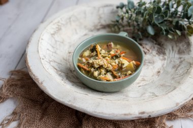 Taze yeşil kuş çorbası, Rus özel yumurta çorbası sebzeli çorba, sağlıklı çorba.