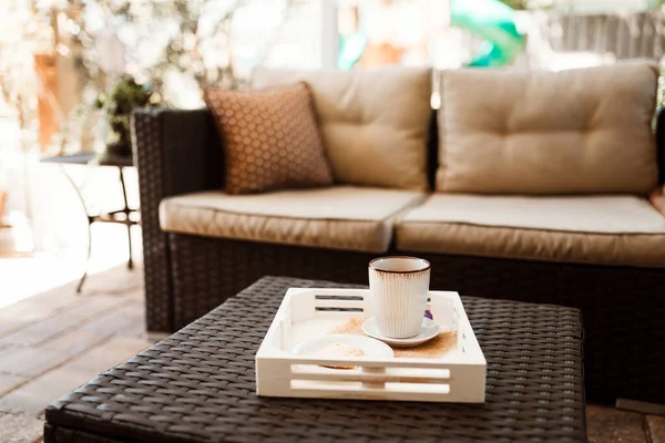 Coffee Cookie Tray Patio Early Morning — Stock Photo, Image