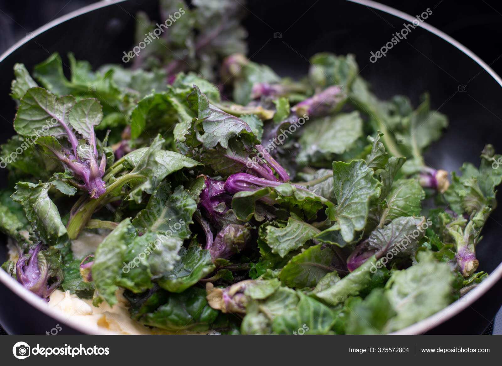 Sauted Kalettes Cooked Butter Garlic Black Pan Stock Photo by