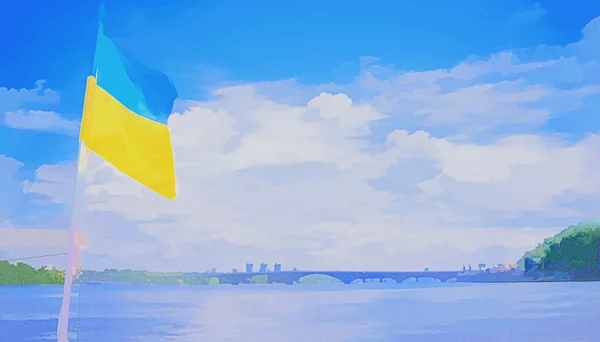 Український прапор на річці Дніпро в Києві — стокове фото