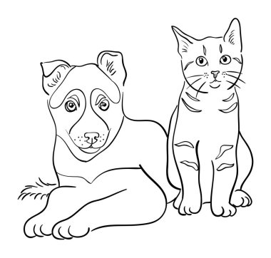 Kedi ve köpek çizgi resim 03. Vektör, illüstrasyon. Sembol, logo, web simgesi, maskot, işaret, boyama veya istediğiniz herhangi bir tasarım için iyi kullanmak.