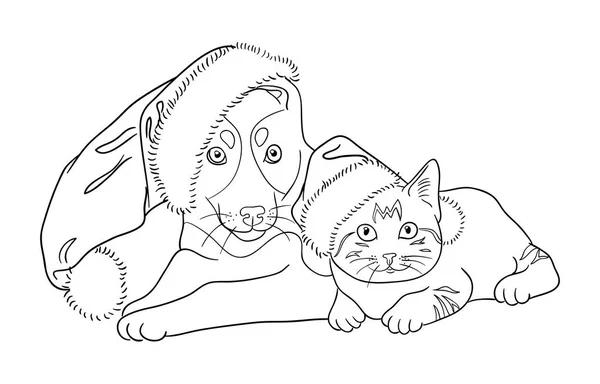 Katze Und Hund Linie Kunst Vektor Illustration Gute Verwendung Für — Stockvektor