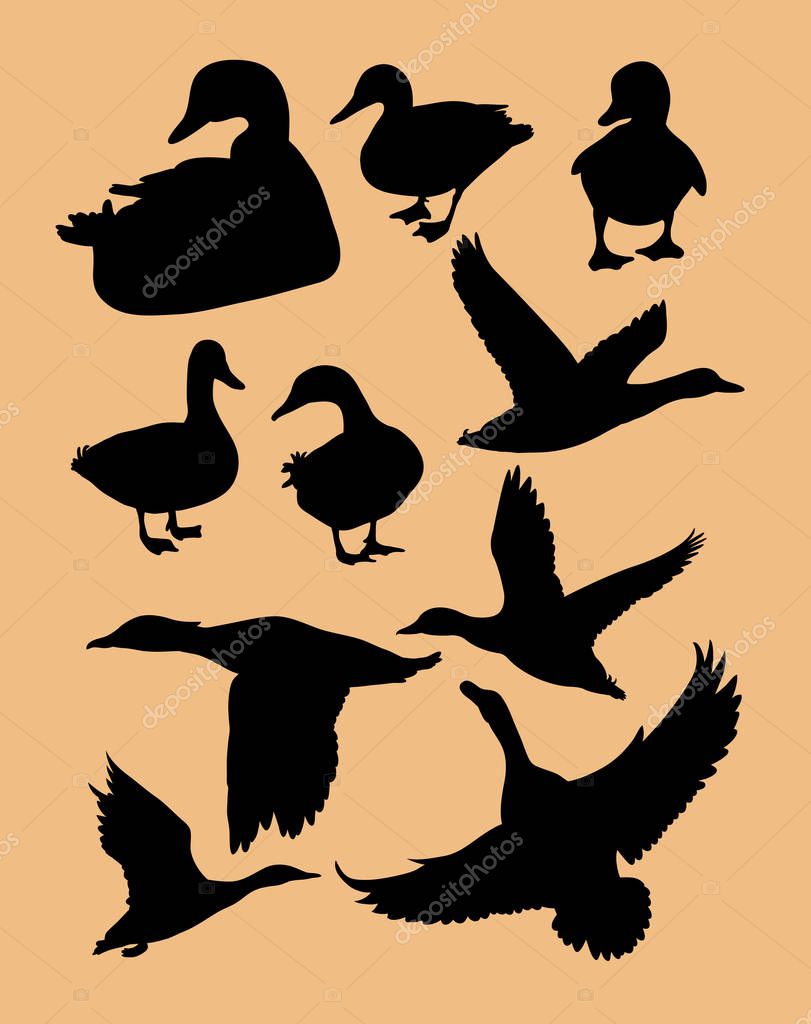 Ducks silhouette 02. Good use for symbol, logo, web icon, mascot, sign, or any design you want.